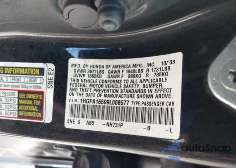 2009 Honda Civic Lx z USA, uszkodzony, nr VIN 1HGFA16599L008577